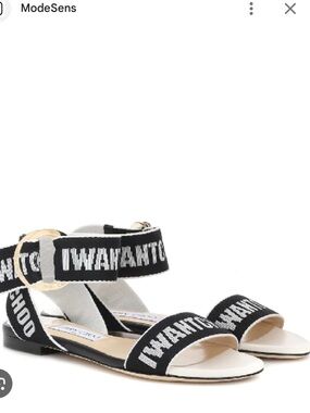 Jimmy Choo Black and White Logo Ankle-Strap Flat Sandals